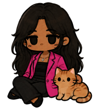 Ghibli-style illustration of Shruthika Omkumar sitting with a ginger tabby cat