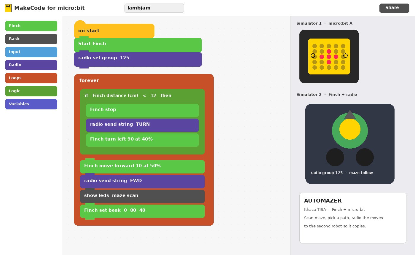 MakeCode for micro:bit project lambjam: Finch robot blocks, radio group 125, and two simulators for AUTOMAZER